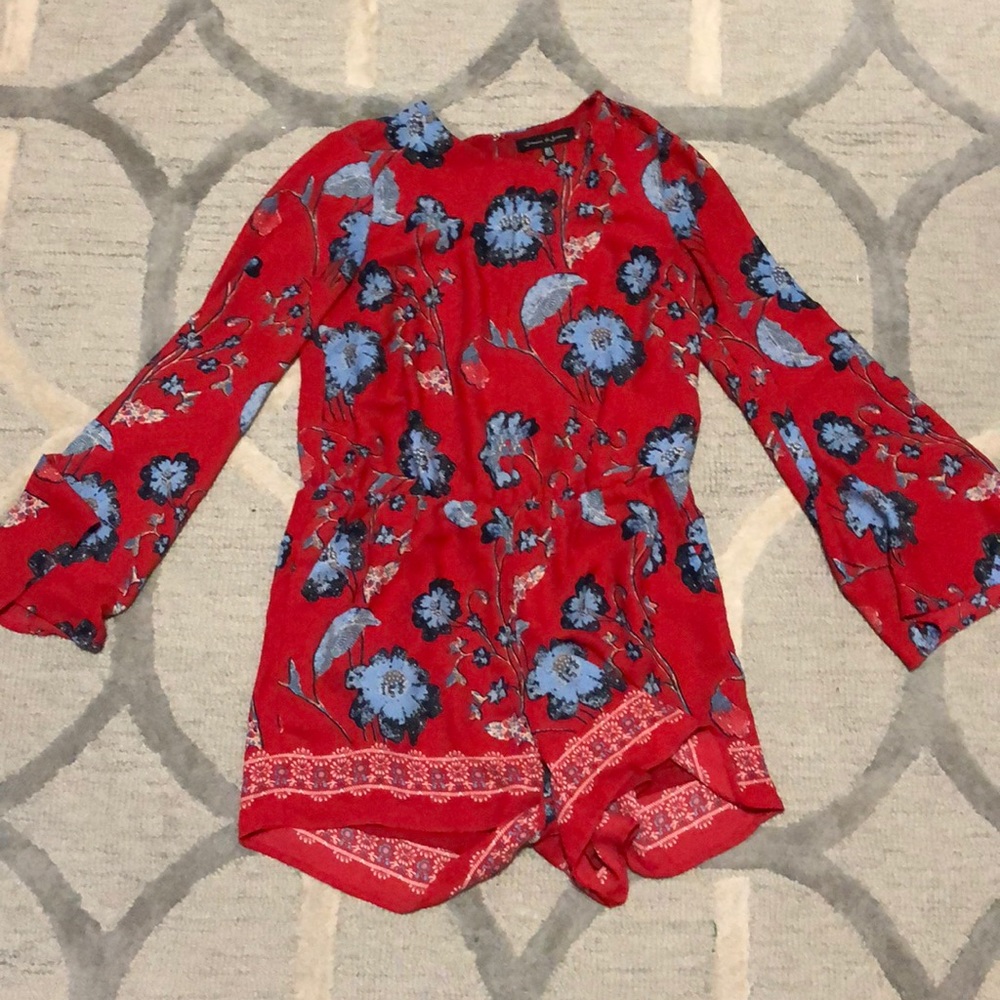 Red floral wide sleeved romper